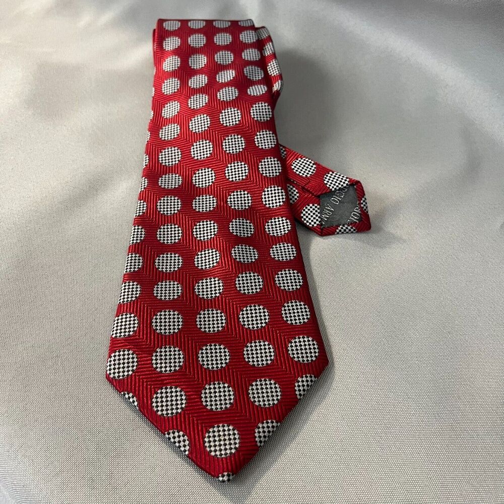 Giorgio Armani Mens Tie Red With Silver Dots 100%‎ Silk Made In Italy Designer